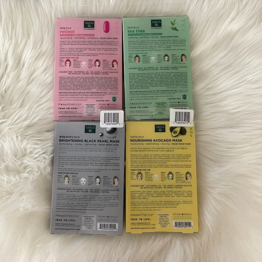 4 pack 20 pieces Earth Therapeutics Facial Sheet Skin Masks From Korea